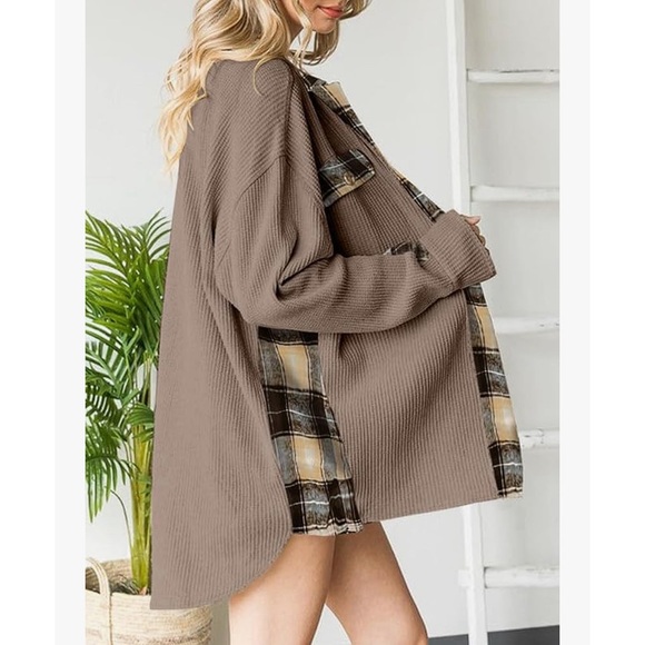 Waffle Knit Plaid Boyfriend Button Down Khaki Shacket - Picture 4 of 6